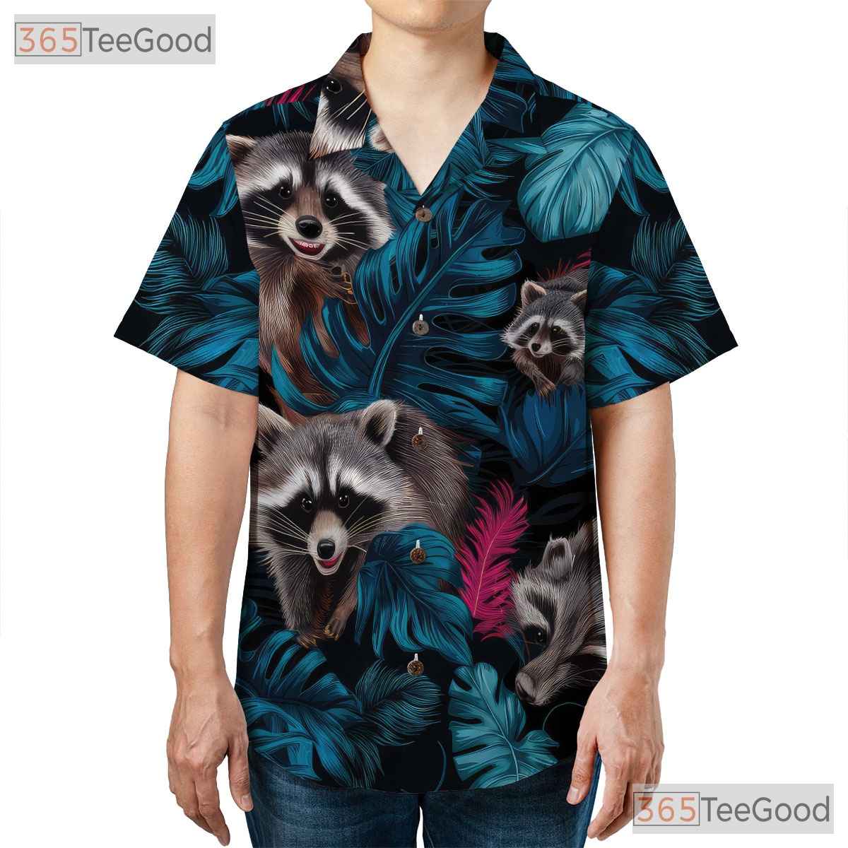 Blue Pink Raccoon Jungle Vibe Hawaiian Tee Unisex Summer Aloha Beach Outfit Top