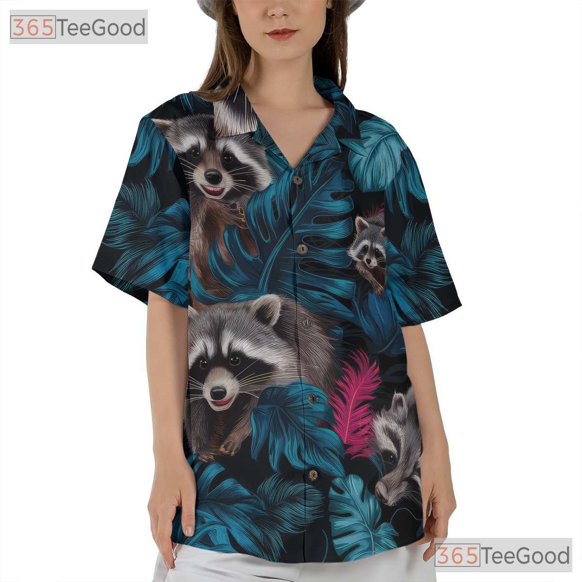 Blue Pink Raccoon Jungle Vibe Hawaiian Tee Unisex Summer Aloha Beach Outfit Top