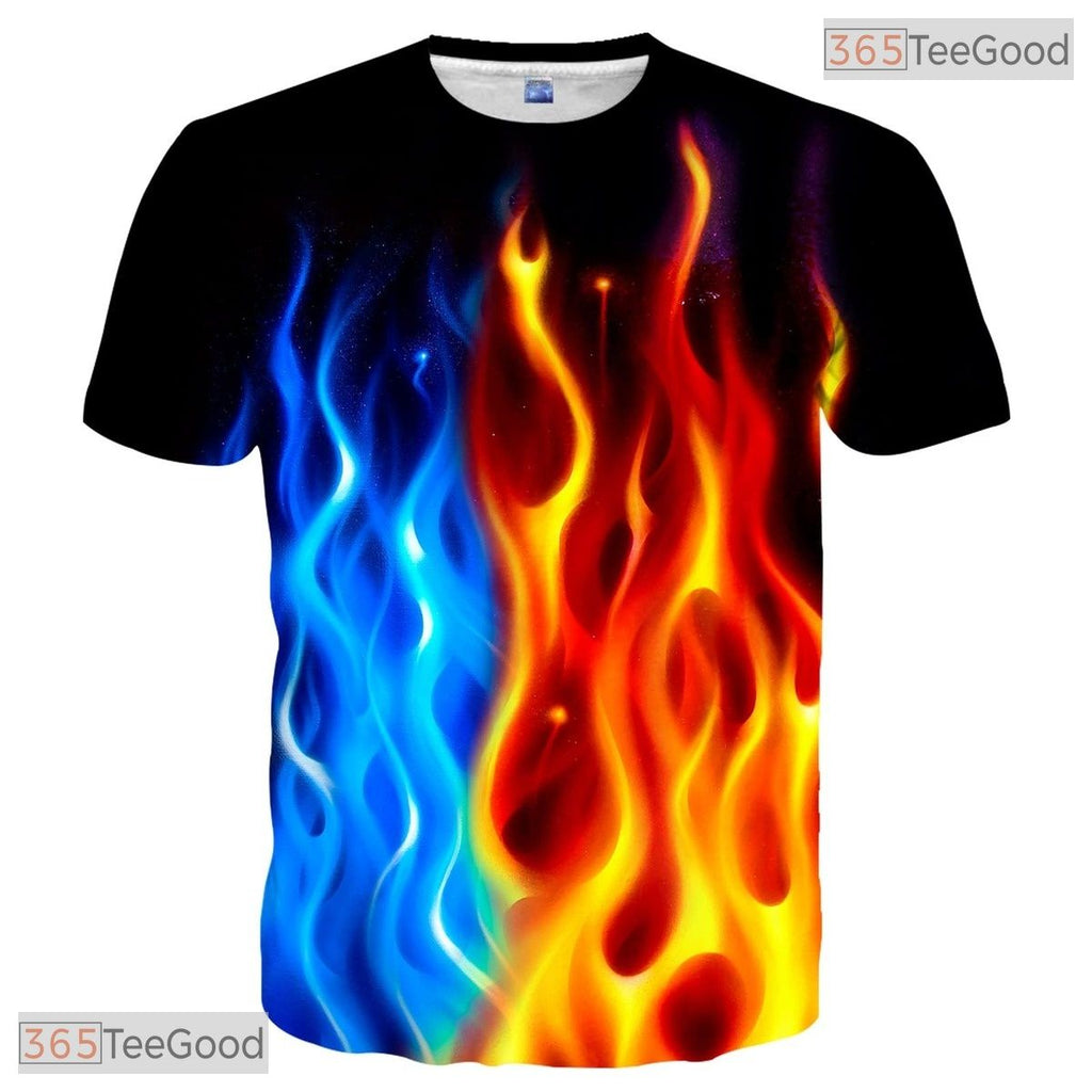 Intense Blue And Red Fire Flame Graphic 3D Printed Casual Unisex Tee Shirts
