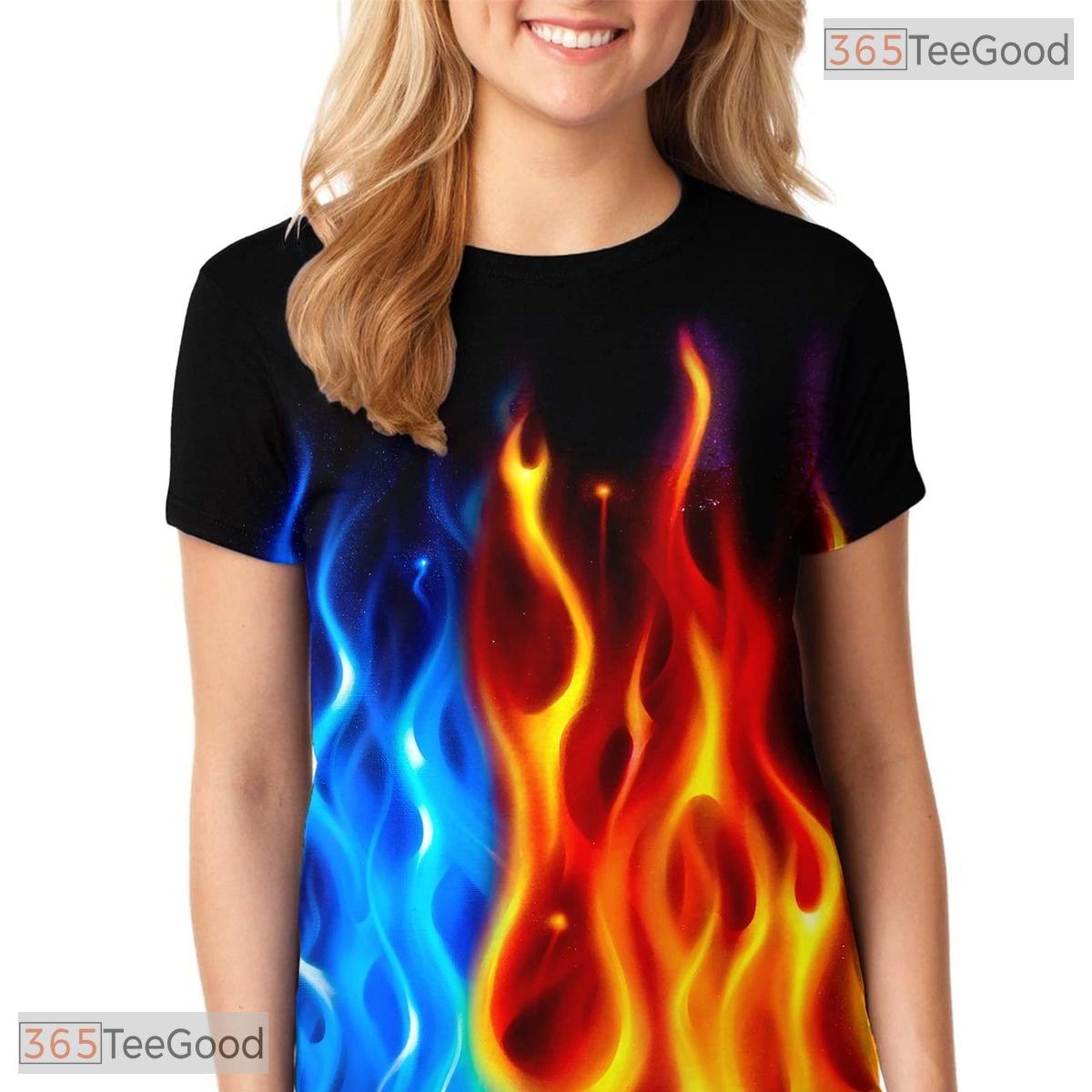 Intense Blue And Red Fire Flame Graphic 3D Printed Casual Unisex Tee Shirts