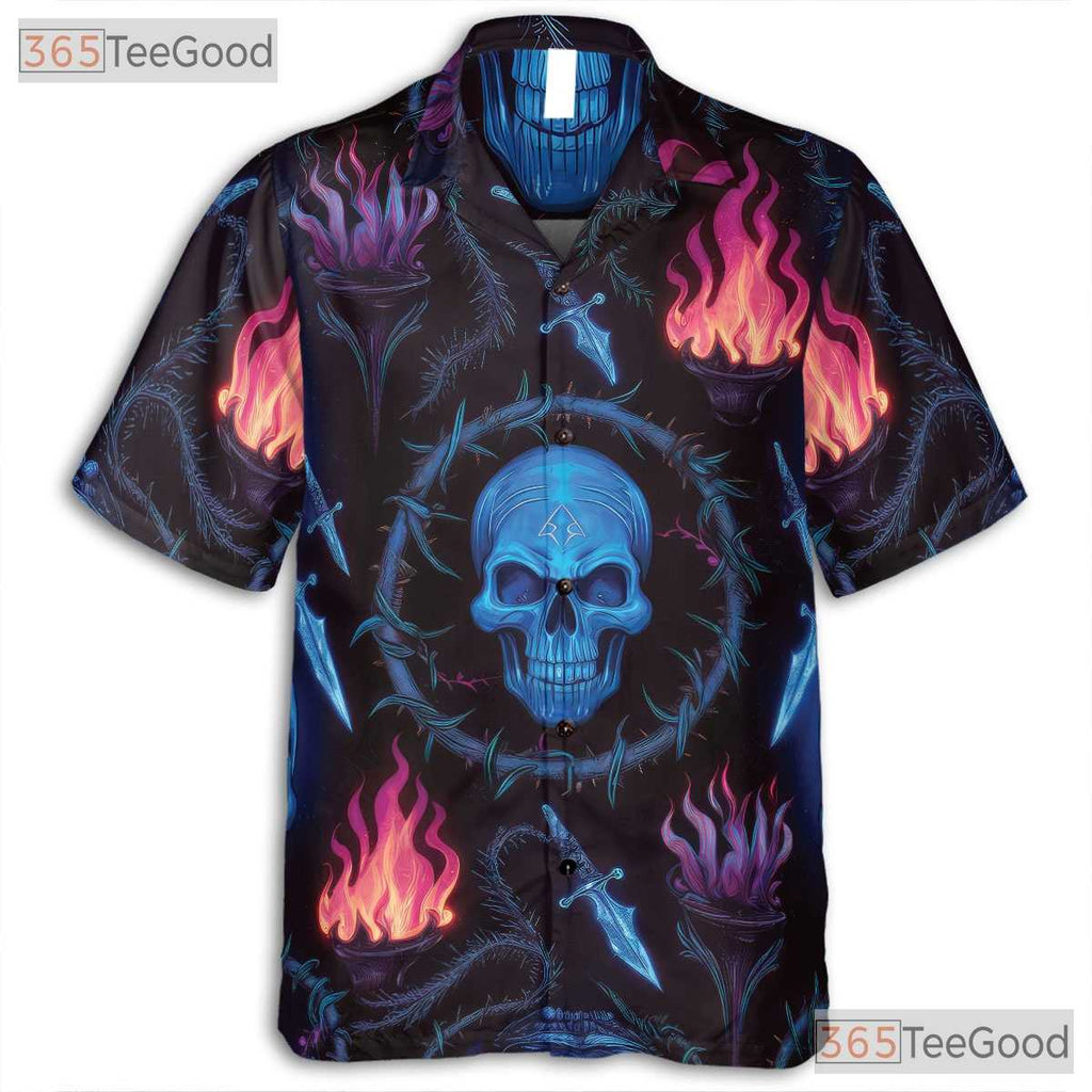 Blue Skull Print Gothic Horror Skeleton Hawaiian Tee Unisex Summer Beach Outfit