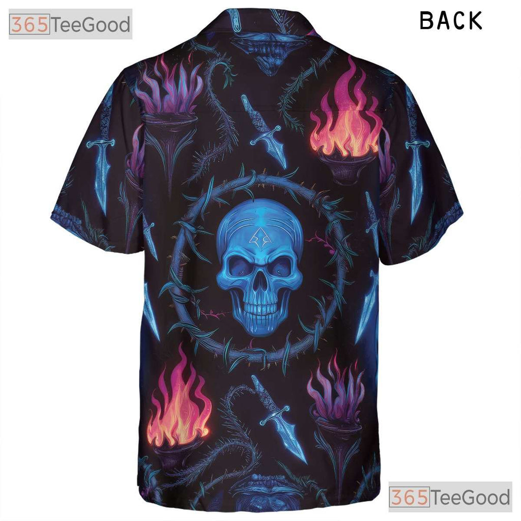 Blue Skull Print Gothic Horror Skeleton Hawaiian Tee Unisex Summer Beach Outfit