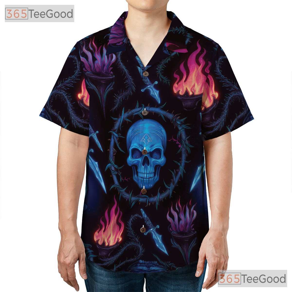 Blue Skull Print Gothic Horror Skeleton Hawaiian Tee Unisex Summer Beach Outfit