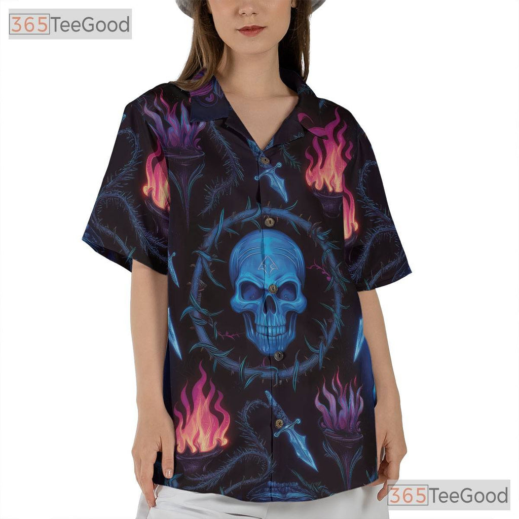 Blue Skull Print Gothic Horror Skeleton Hawaiian Tee Unisex Summer Beach Outfit