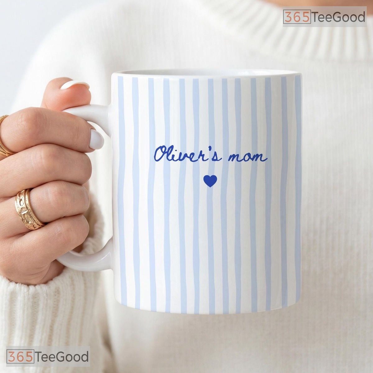 Personalized Blue Stripe Pastel Coffee Mug - Custom Name Mother's Day Ceramic Accent Mug