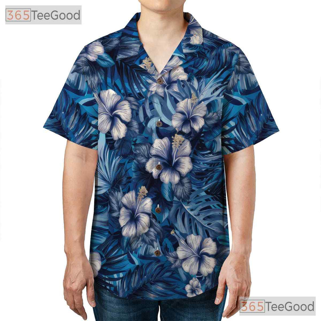 Blue Tropical Floral Hibiscus Aloha Beach Summer Wear Hawaiian Tee Unisex