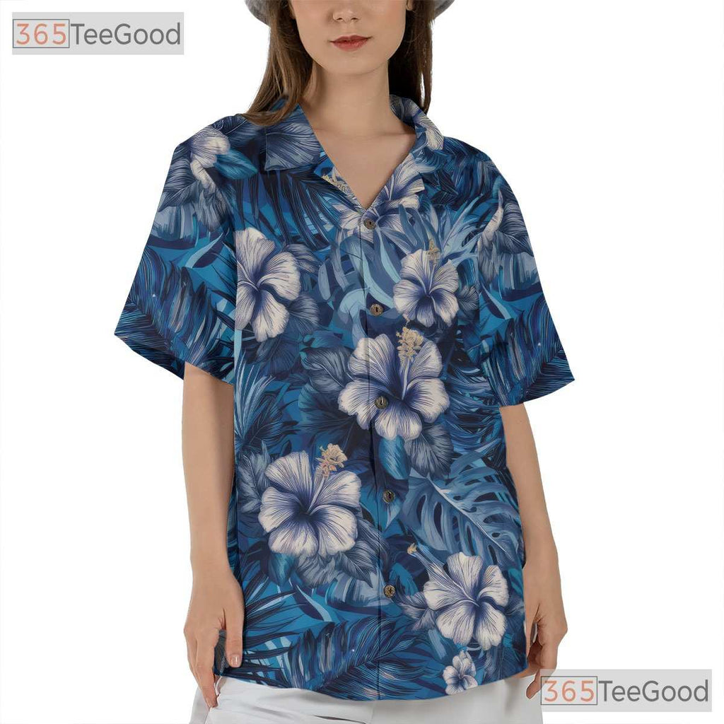 Blue Tropical Floral Hibiscus Aloha Beach Summer Wear Hawaiian Tee Unisex