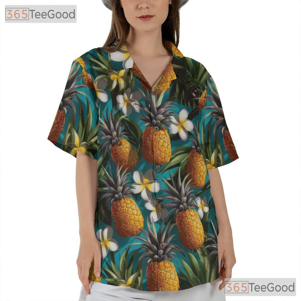 Blue Tropical Pineapple Aloha Party Outfit Hawaiian Shirt Men Women Summer Top