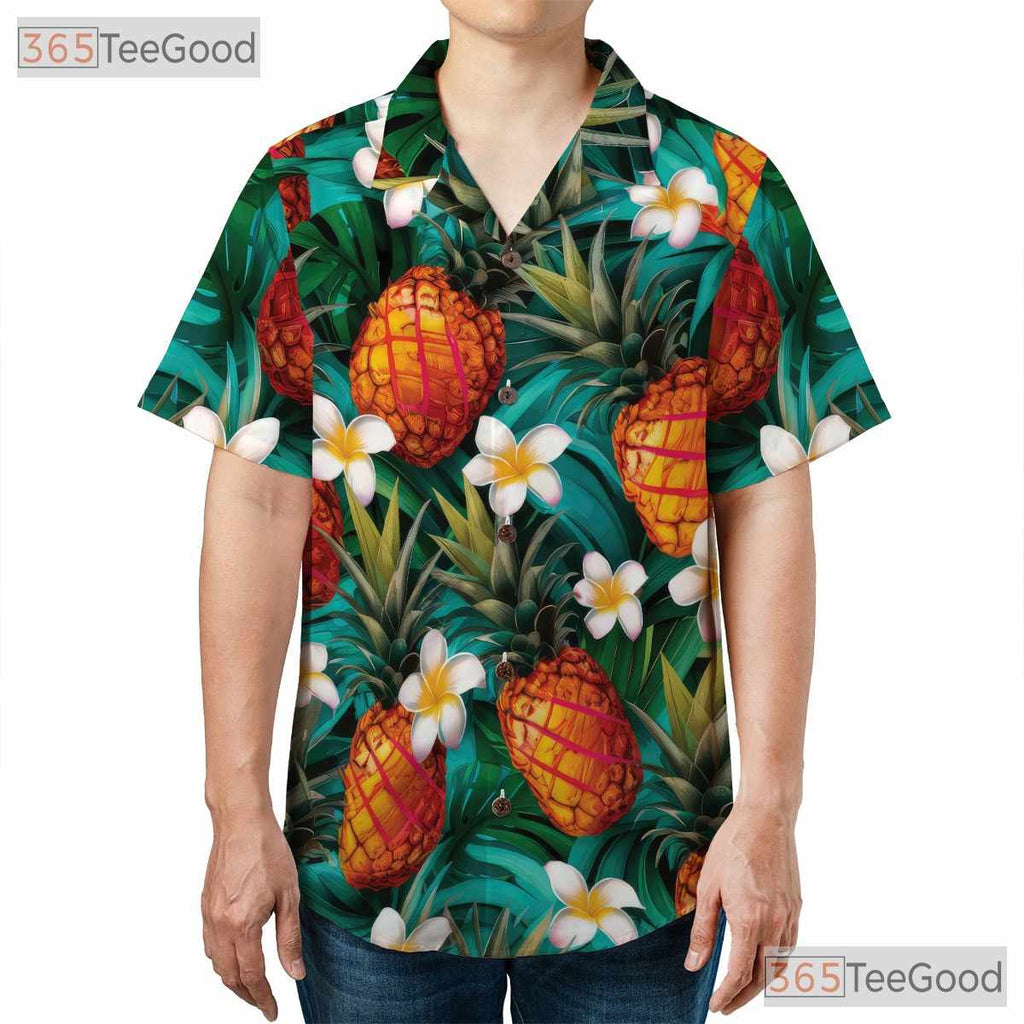 Blue Tropical Pineapple Pattern Summer Vacation Hawaiian Shirt Unisex Outfit Top