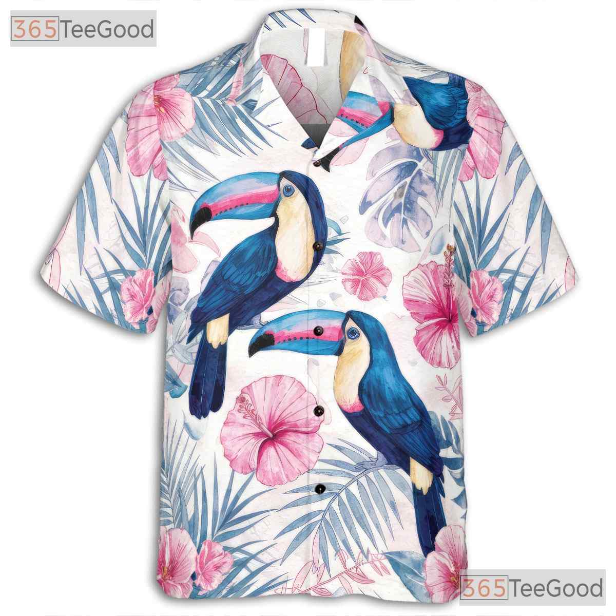 Blue Tropical Watercolor Toucan Floral Hawaiian Tee Men Women Summer Beach Outfit