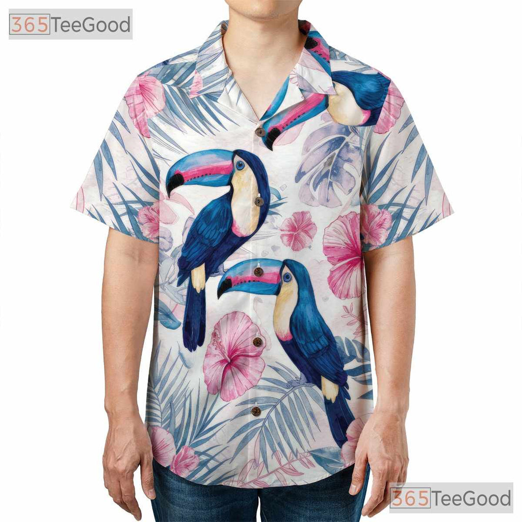 Blue Tropical Watercolor Toucan Floral Hawaiian Tee Men Women Summer Beach Outfit
