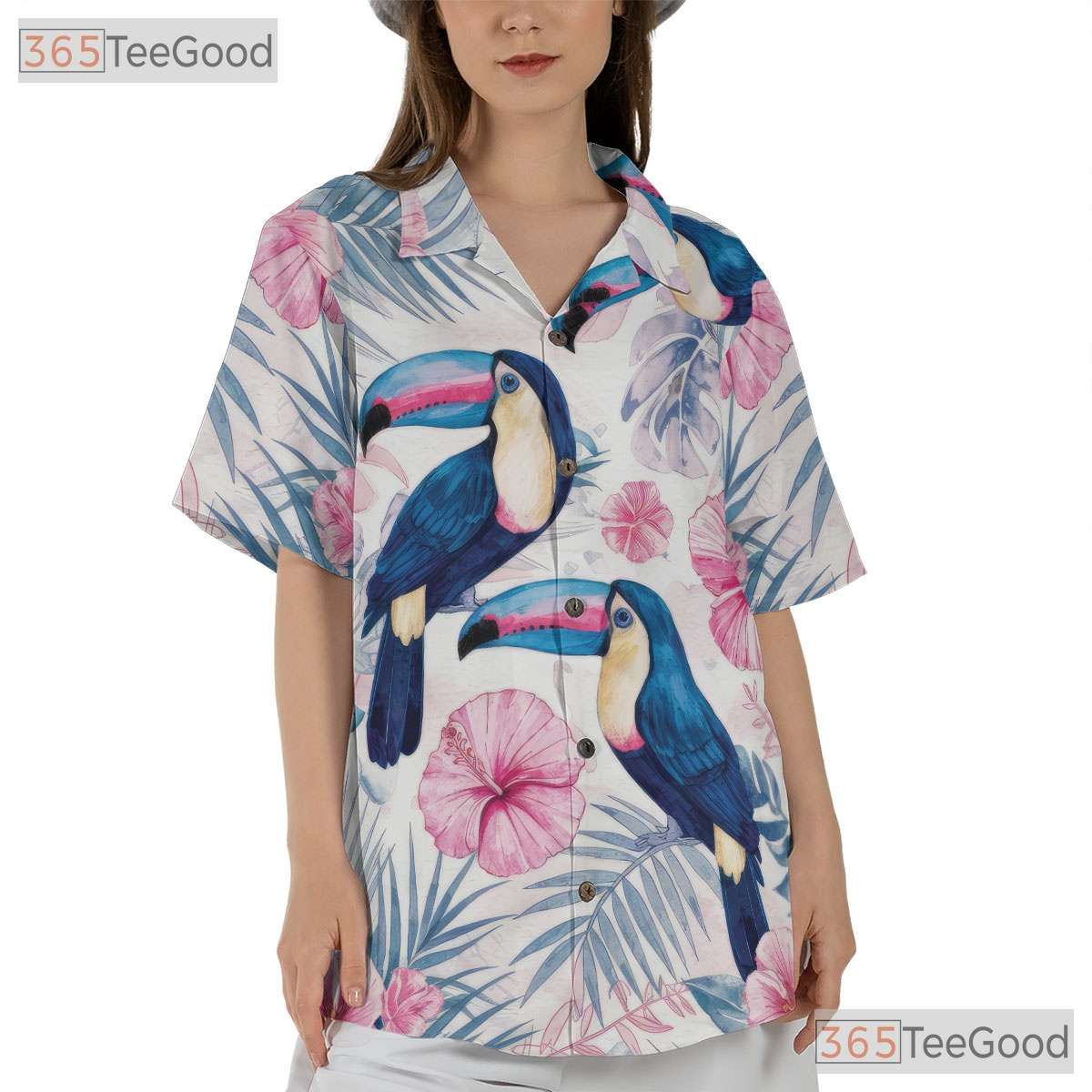 Blue Tropical Watercolor Toucan Floral Hawaiian Tee Men Women Summer Beach Outfit