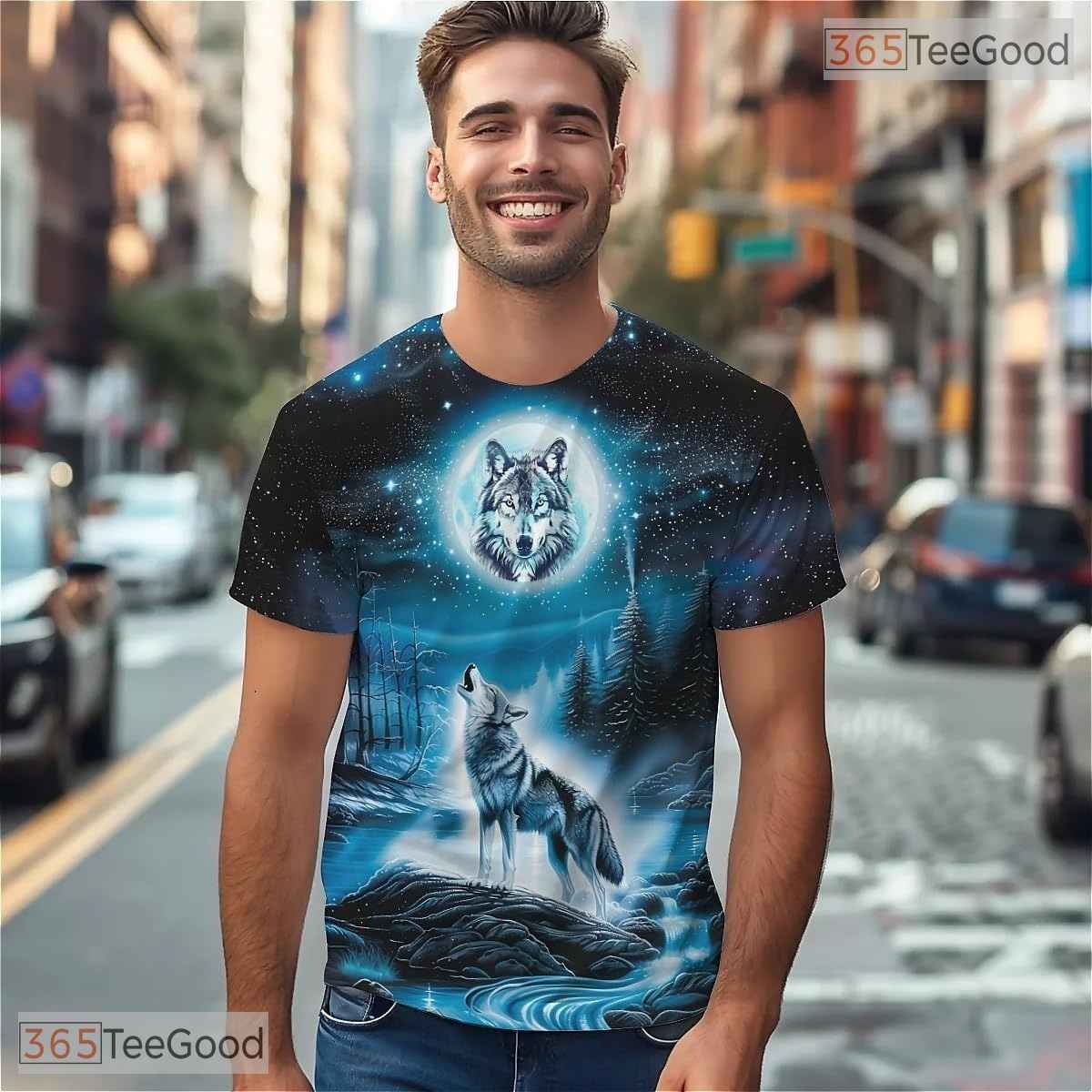 Cool Blue Wolf American Flag Eagle 3D Graphic Printed Casual Unisex Tee Shirt Tops