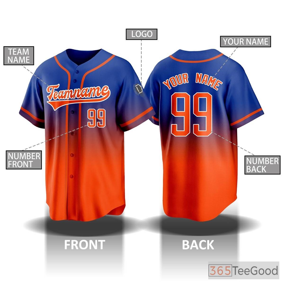 Blue & Orange Custom Baseball Jersey for Men & Women - Add Your Name & Number