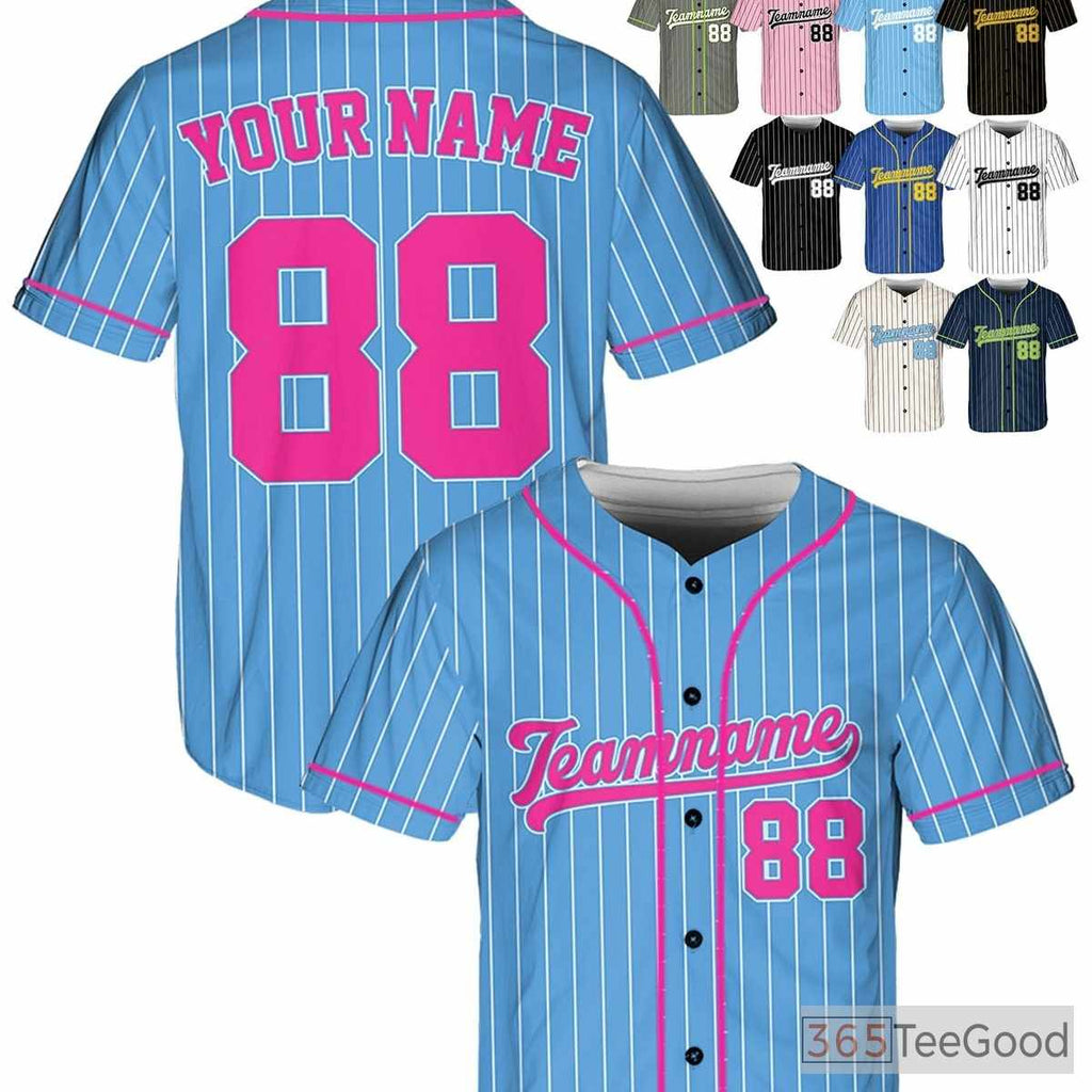 Blue & Pink Baseball Jersey Tee - Personalized with Custom Stitched Name & Number Details