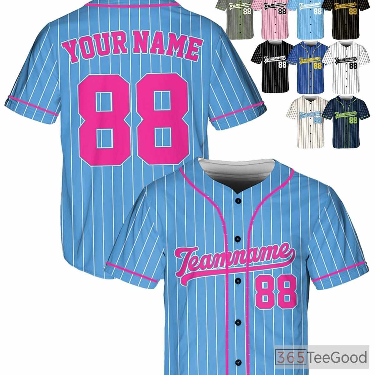 Blue & Pink Baseball Jersey Tee - Personalized with Custom Stitched Name & Number Details