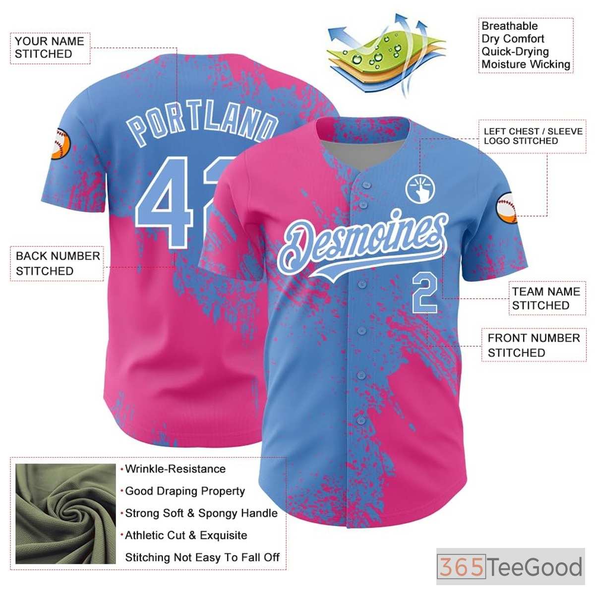 Blue & Pink Baseball Jersey Tee - Personalized Stitched Name & Number Custom Design