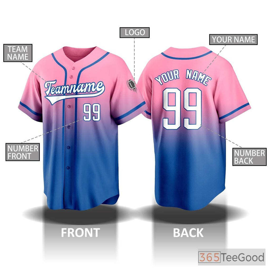 Blue & Pink Baseball Jersey Tee for Men & Women - Custom Stitched Name & Number