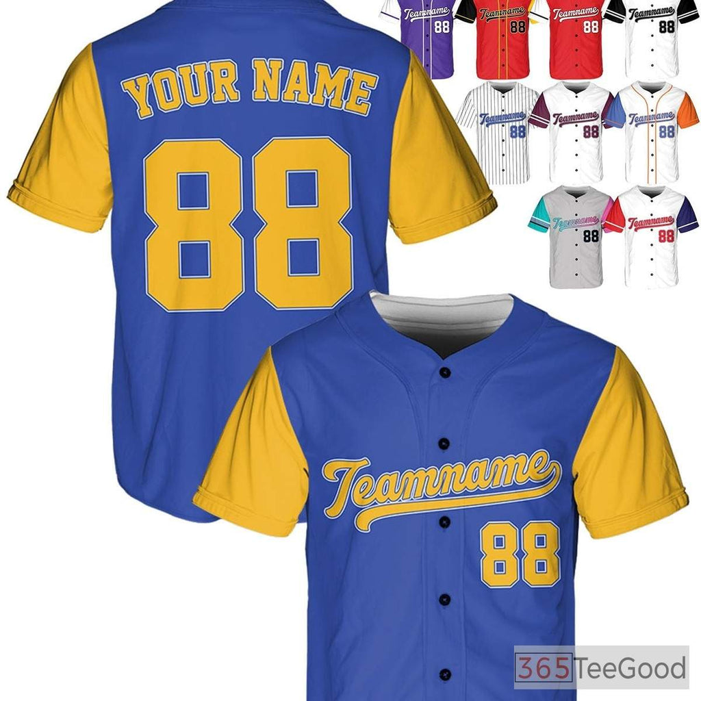 Blue & Yellow Baseball Jersey Tee - Design Your Own Stitched Name, Number & Logo