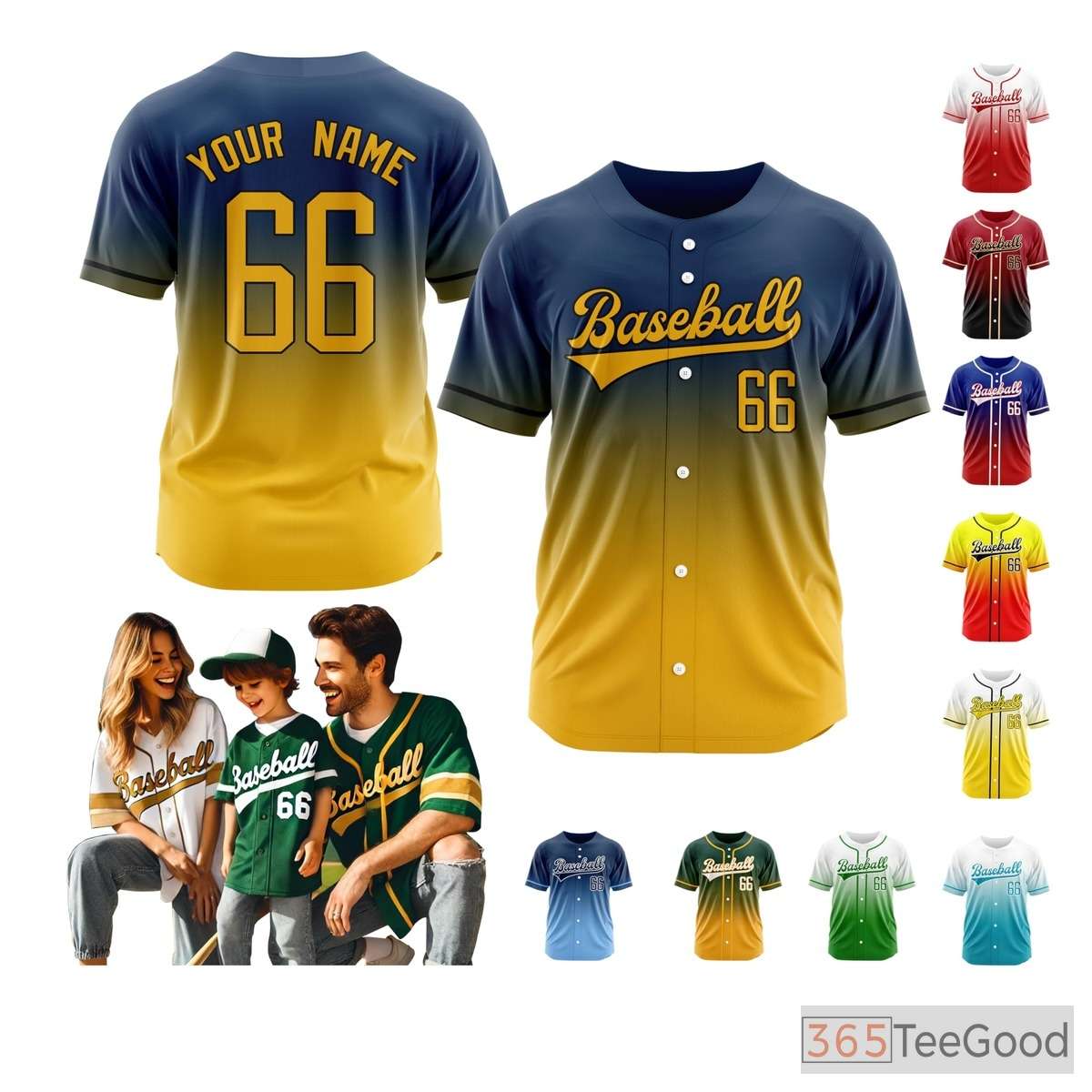 Blue & Yellow Baseball Jersey Tee for Men & Women - Create Your Stitched Player Details