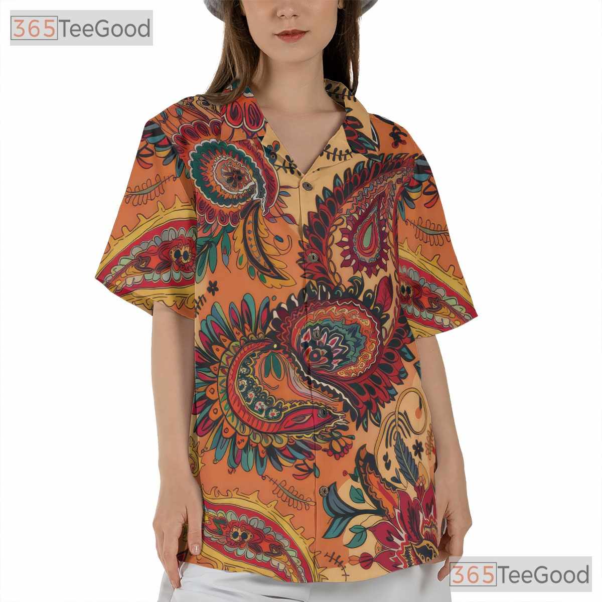 Boho Floral Hawaiian Shirt - Women's Retro Paisley Pattern Festival Tee
