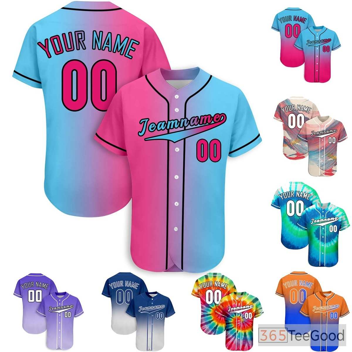 Bright Blue & Pink Custom Baseball Jersey Tee Personalized Unisex Fan Sports Uniform