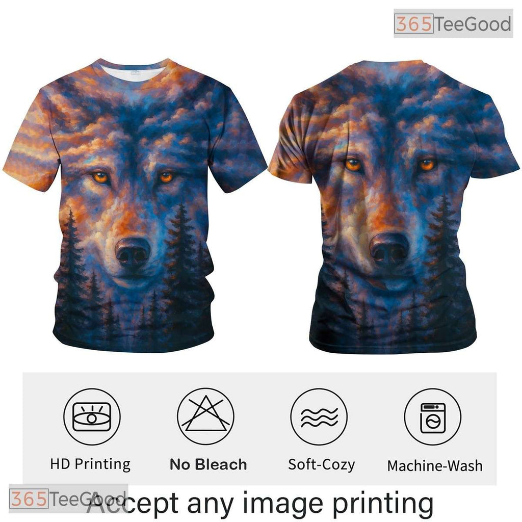 Brown And Blue Wild Wolf Funny Graphic Novelty 3D Printed Casual Unisex T-Shirt Top