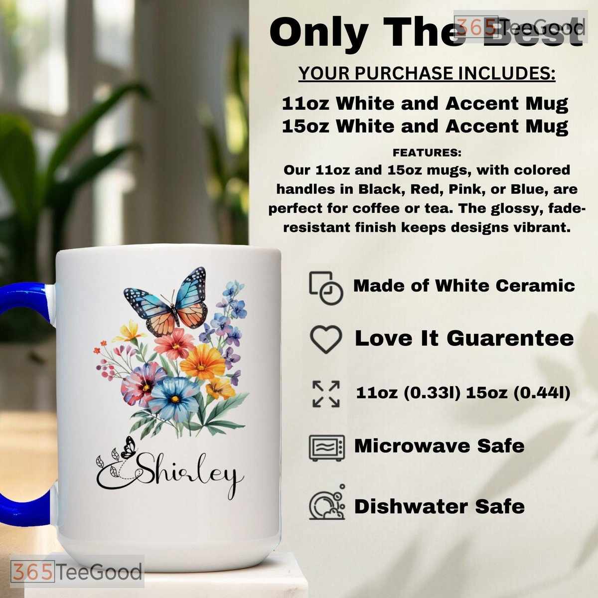 Personalized Butterfly Flower Name Mug - Custom Floral Aesthetic Gift Ceramic Accent Mug