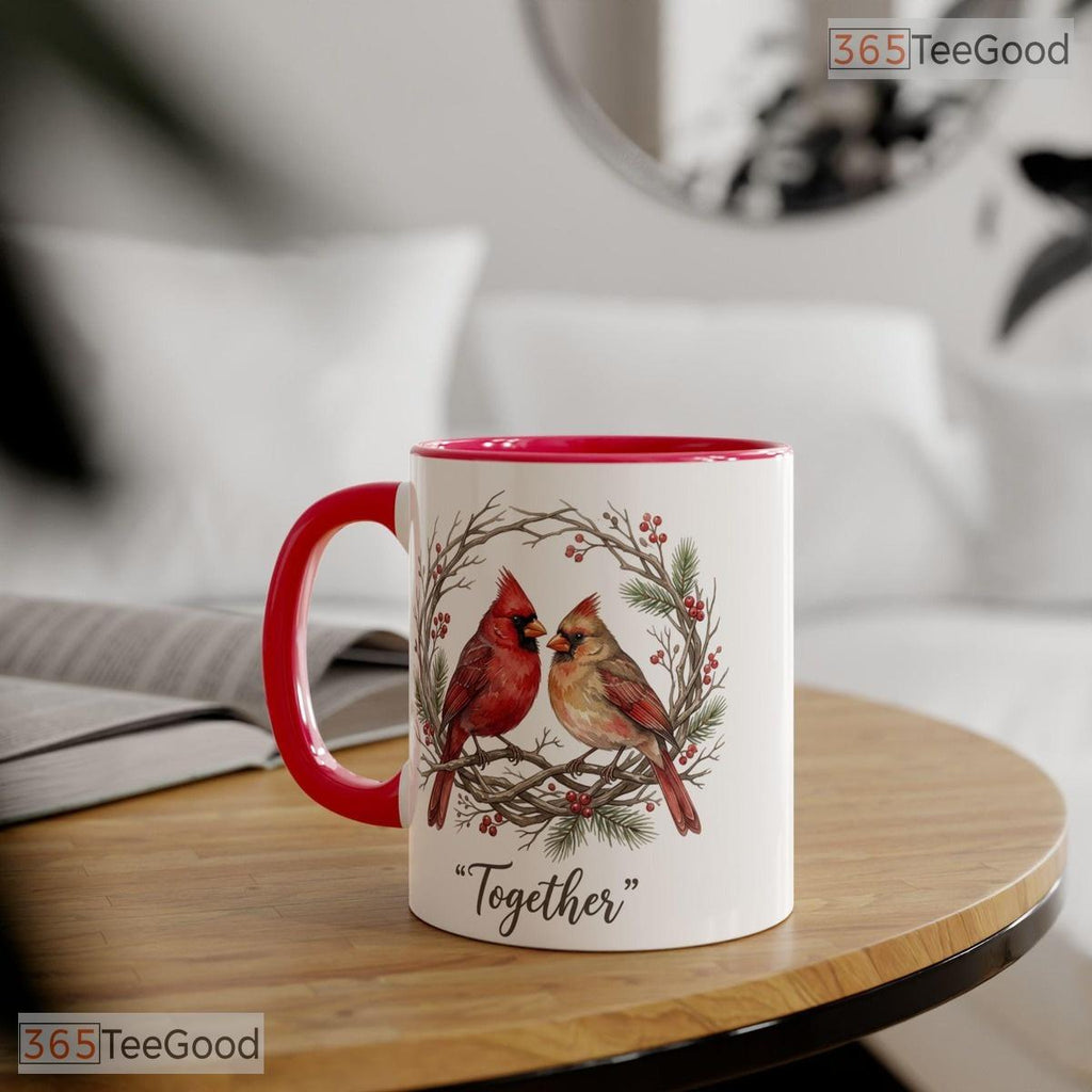 Cardinal Couple Together Winter Wreath Design Nature Lover Colorful Ceramic Accent Mug