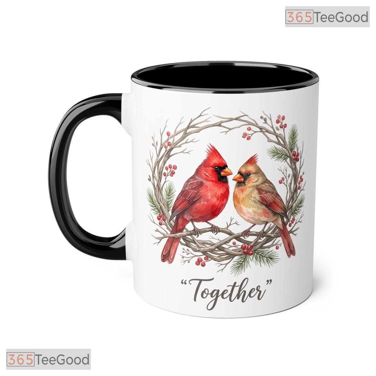Cardinal Couple Together Winter Wreath Design Nature Lover Colorful Ceramic Accent Mug