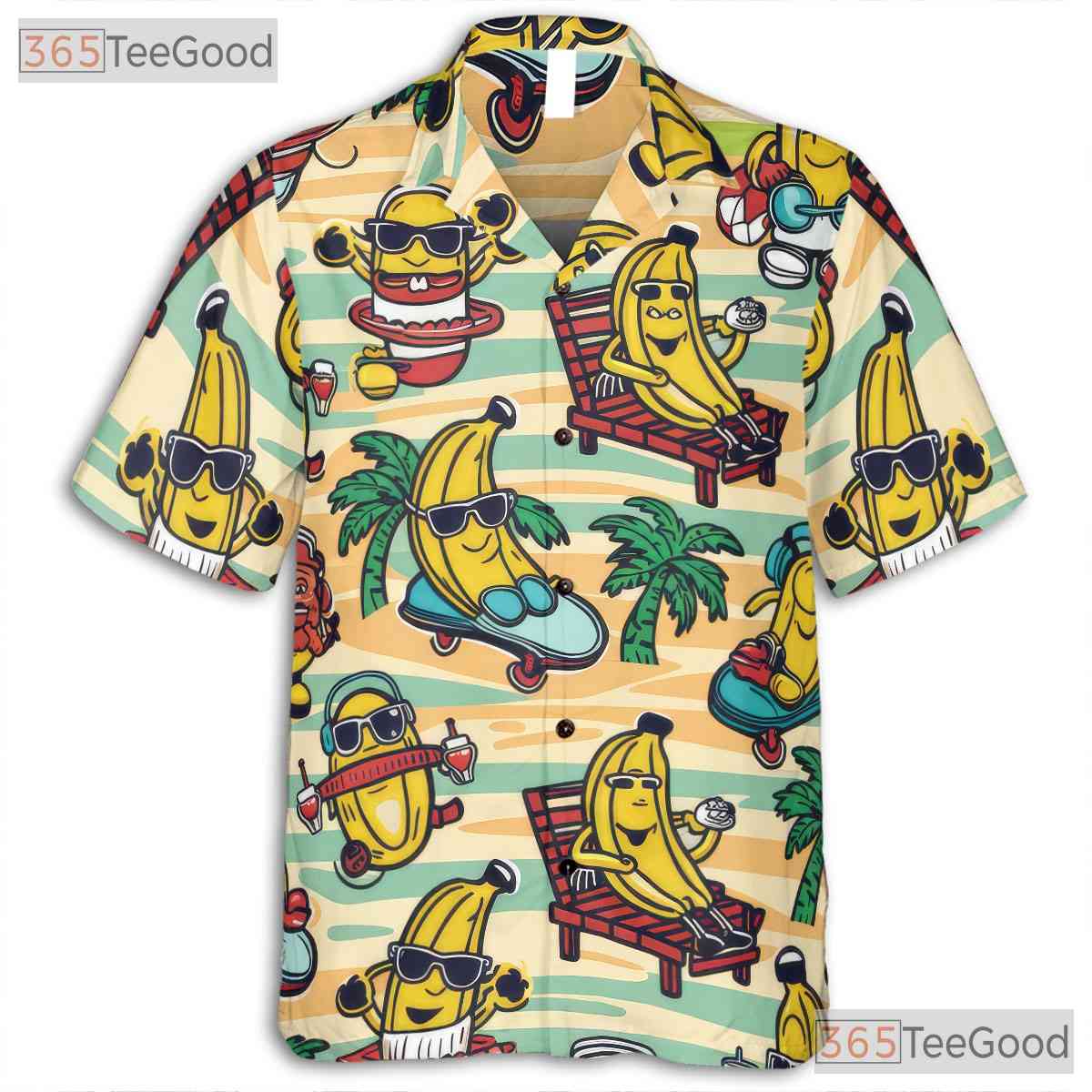 Cartoon Tropical Banana Pattern Aloha Beachwear Hawaiian Tee Unisex Summer Top