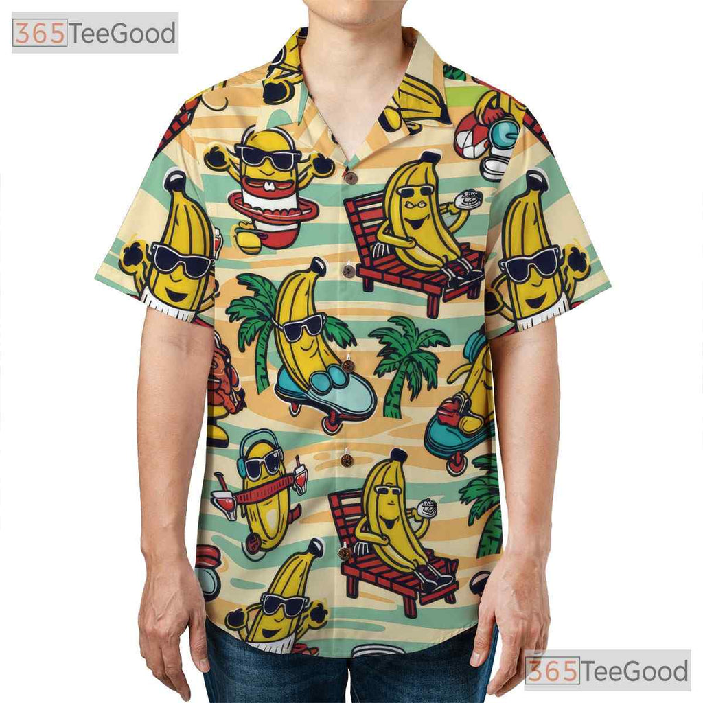 Cartoon Tropical Banana Pattern Aloha Beachwear Hawaiian Tee Unisex Summer Top