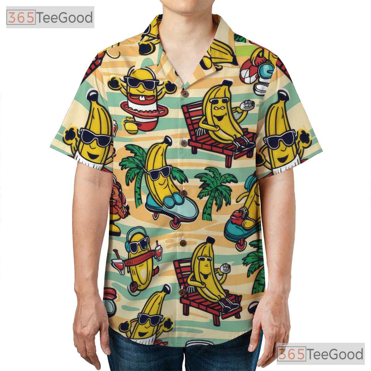 Cartoon Tropical Banana Pattern Aloha Beachwear Hawaiian Tee Unisex Summer Top