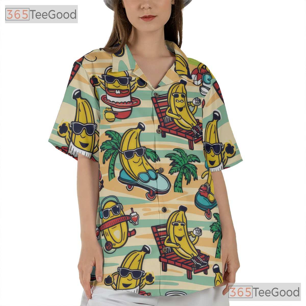 Cartoon Tropical Banana Pattern Aloha Beachwear Hawaiian Tee Unisex Summer Top