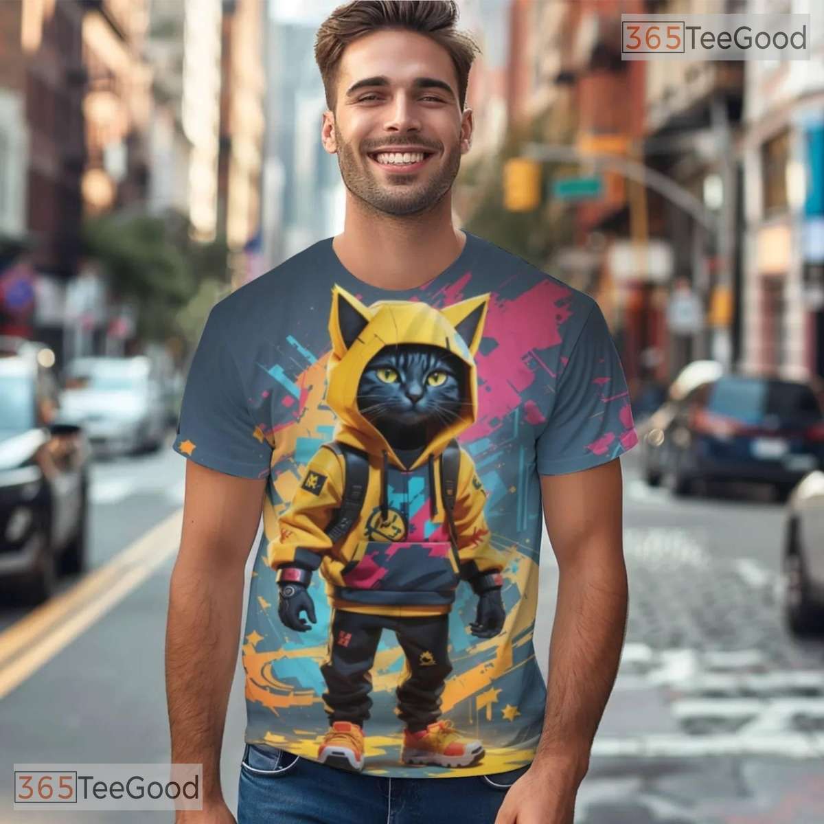 Cute Cat Urban Graffiti Art Pattern 3D Printed Casual Unisex Short Sleeve Tee