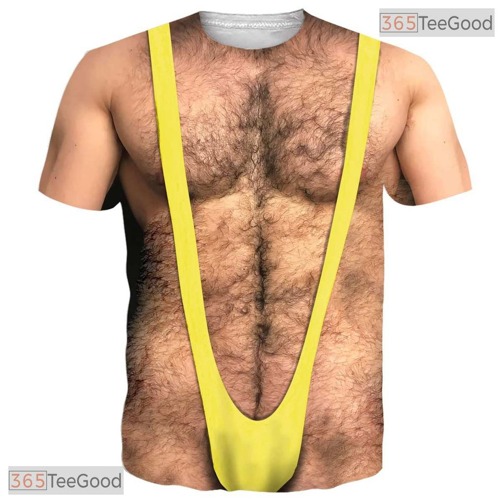 Yellow Hairy Chest Funny Fake Abs 3D Printed Novelty Casual Unisex Graphic Tee
