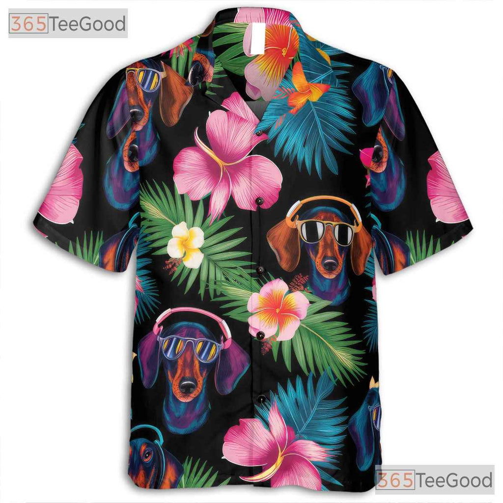 Colorful Aloha Floral Print Dachshund Dog Hawaiian Shirt Men Women Beach Top