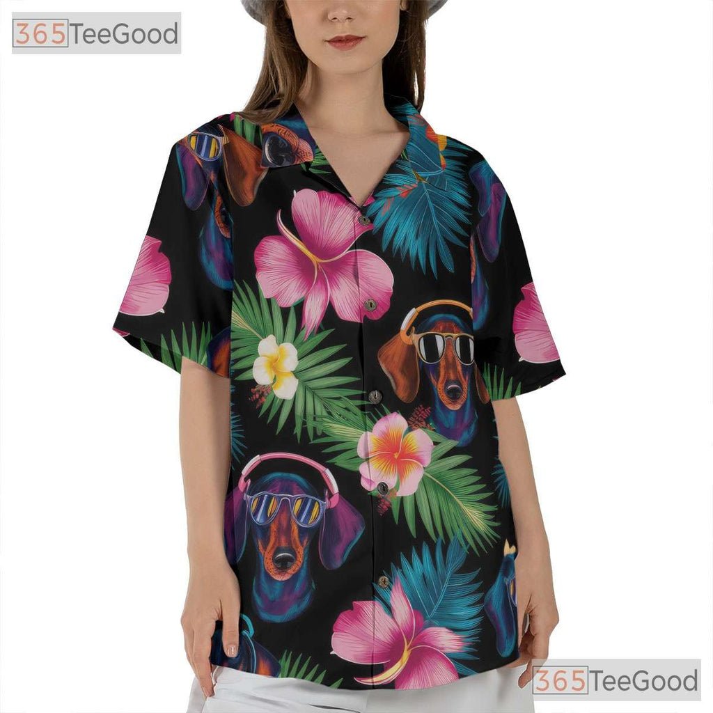 Colorful Aloha Floral Print Dachshund Dog Hawaiian Shirt Men Women Beach Top