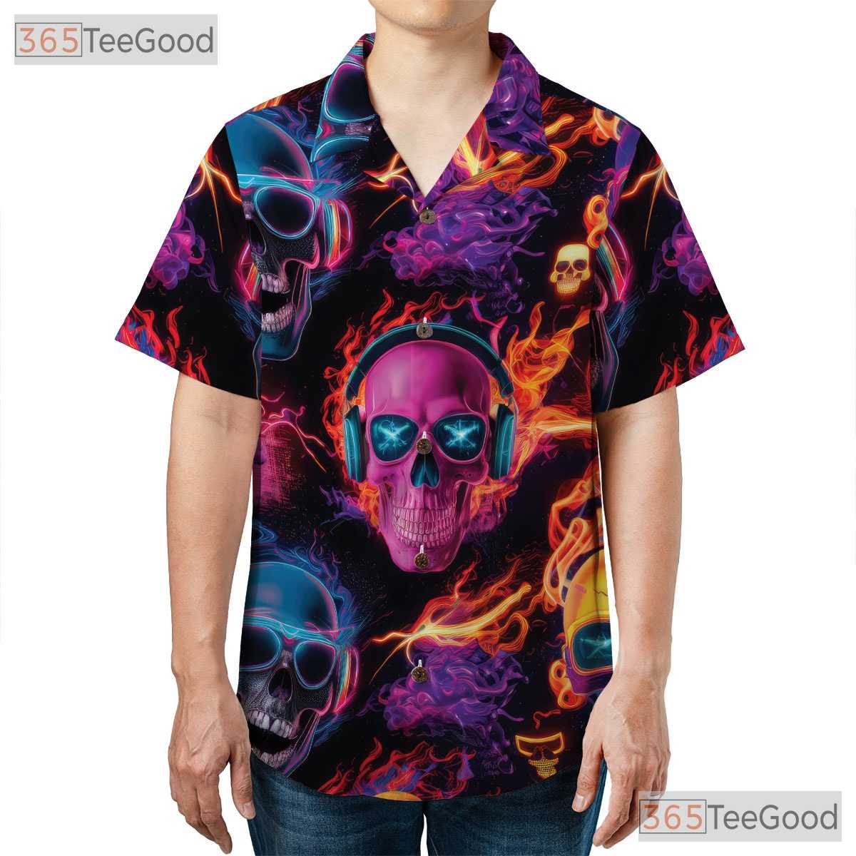 Colorful Gothic Skull Skeleton Print Festival Hawaiian Tee Unisex Beach Top