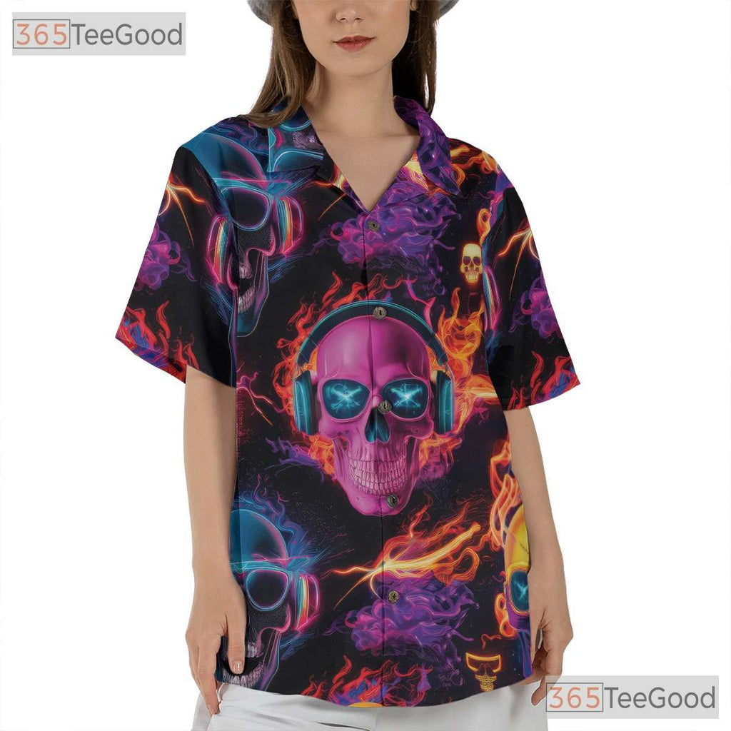 Colorful Gothic Skull Skeleton Print Festival Hawaiian Tee Unisex Beach Top