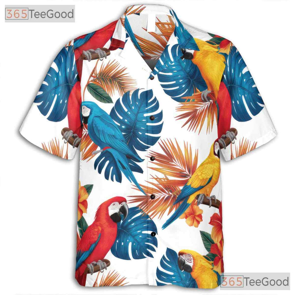 Colorful Parrot Vibrant Tropical Leaves Hawaiian Tee Men Women Summer Vacation