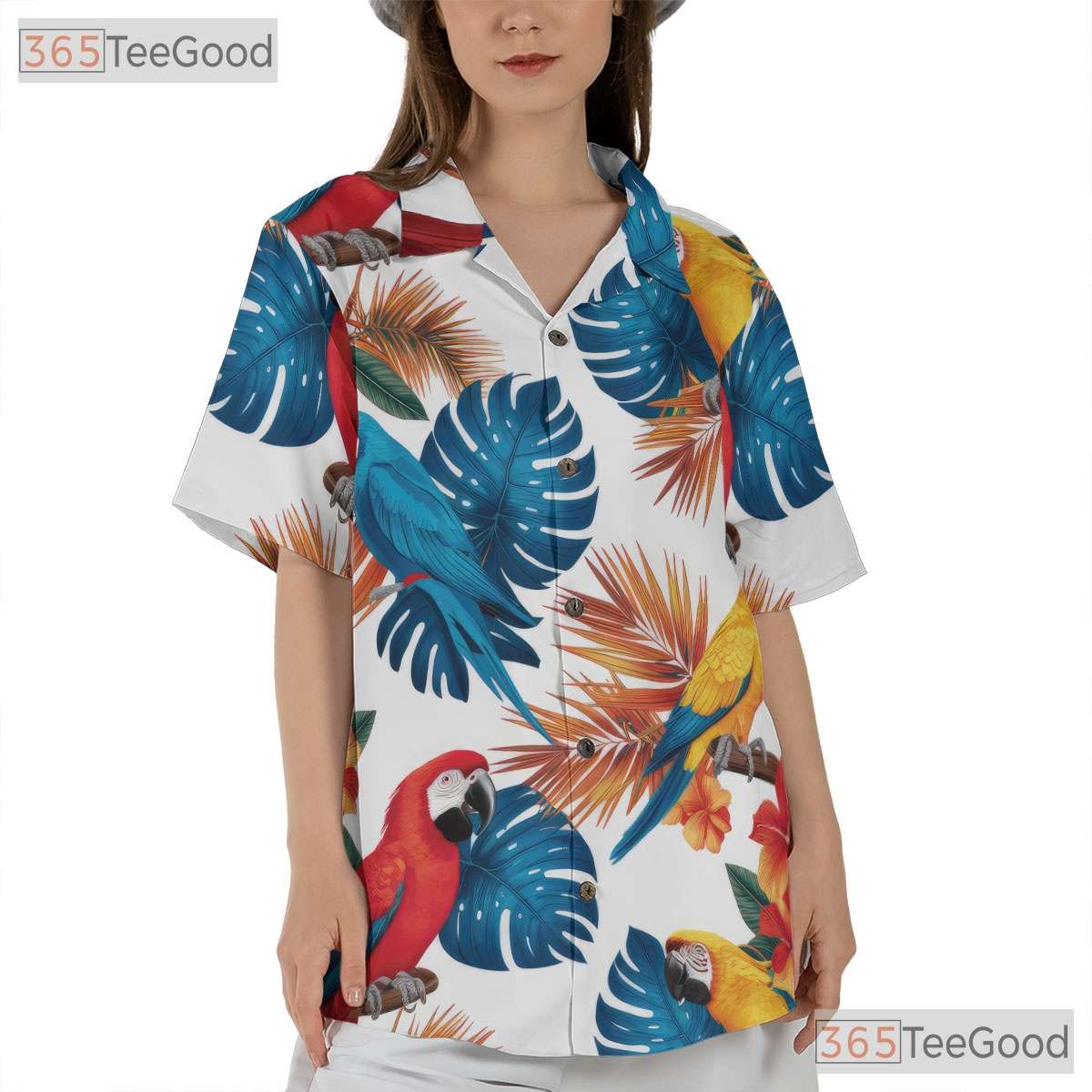 Colorful Parrot Vibrant Tropical Leaves Hawaiian Tee Men Women Summer Vacation