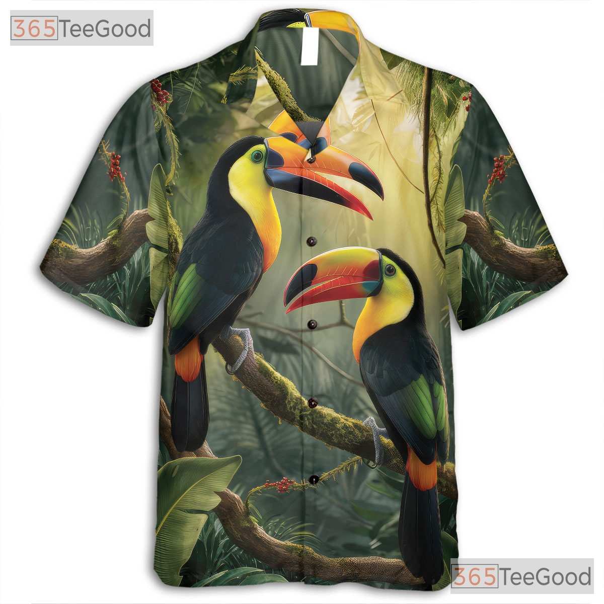 Colorful Toucan Jungle Leaves Print Hawaiian Tee Unisex Summer Beach Outfit
