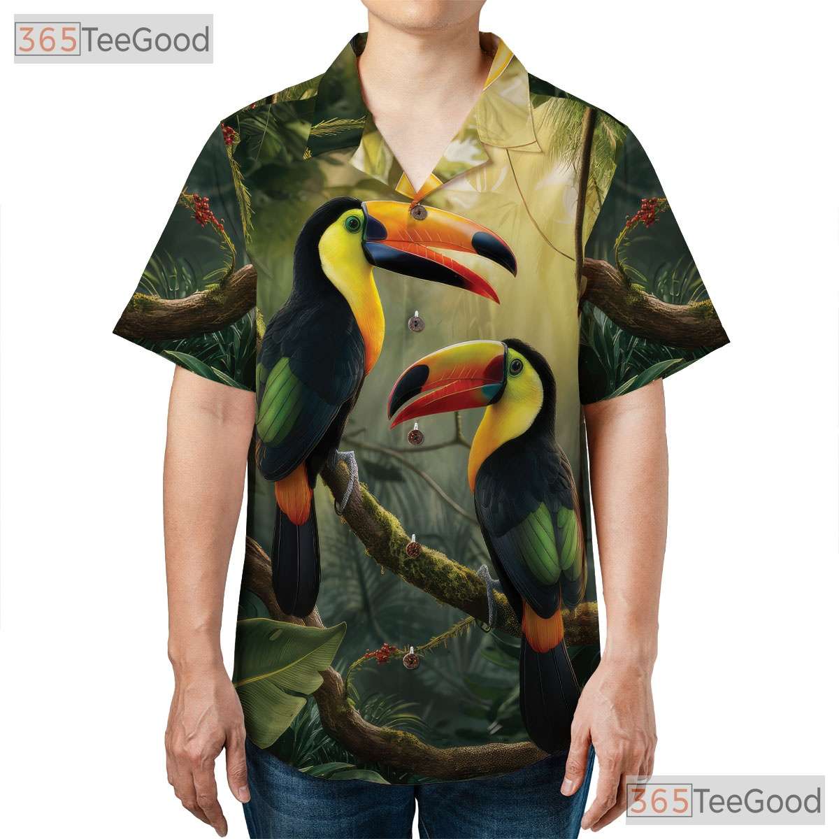 Colorful Toucan Jungle Leaves Print Hawaiian Tee Unisex Summer Beach Outfit