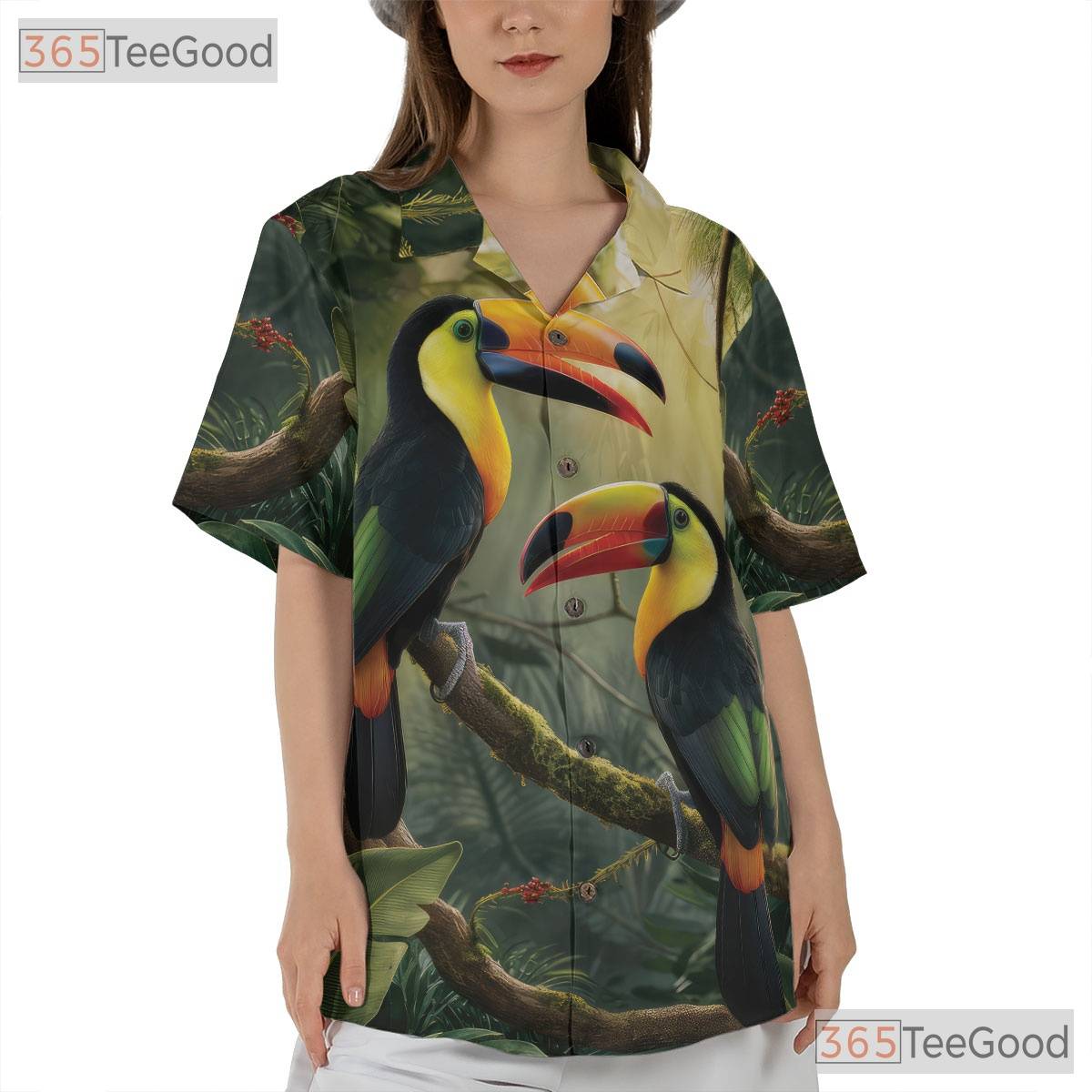 Colorful Toucan Jungle Leaves Print Hawaiian Tee Unisex Summer Beach Outfit