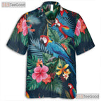 Colorful Tropical Parrots Floral Navy Blue Hawaiian Shirt Unisex Beachwear