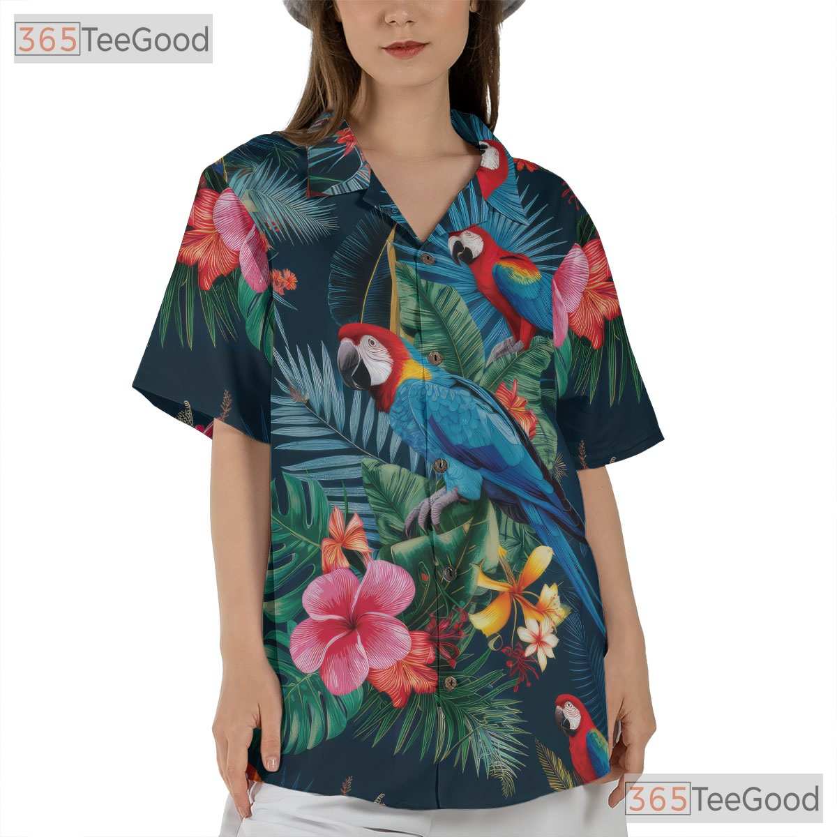 Colorful Tropical Parrots Floral Navy Blue Hawaiian Shirt Unisex Beachwear