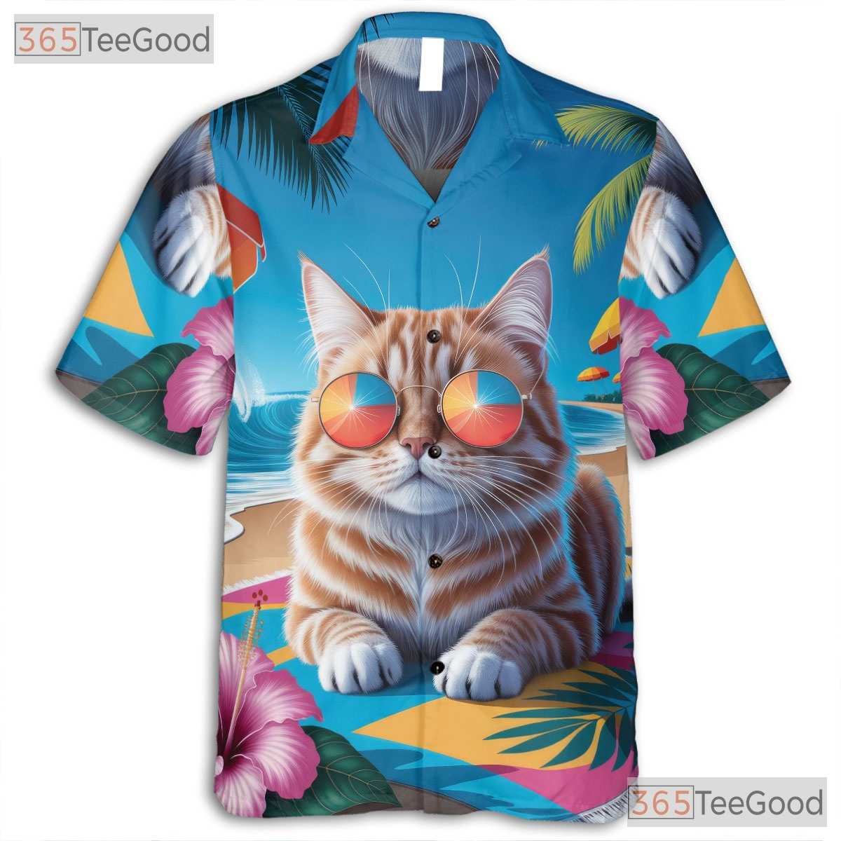 Cool Cat Sunglasses Hawaiian Tee- Unisex Tropical Palm Hibiscus Beach Party Top