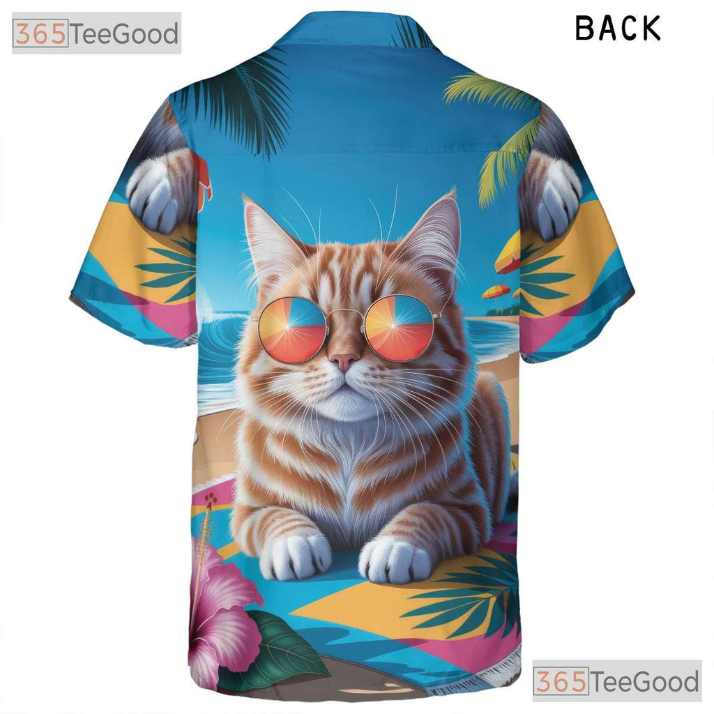 Cool Cat Sunglasses Hawaiian Tee- Unisex Tropical Palm Hibiscus Beach Party Top