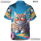Cool Cat Sunglasses Hawaiian Tee- Unisex Tropical Palm Hibiscus Beach Party Top